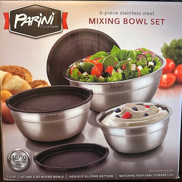 NIB Parini 6-Piece Stainless Steel Mixing Bowl Set  1.5, 2.5, 5 qt W/ Lids - Picture 1 of 7